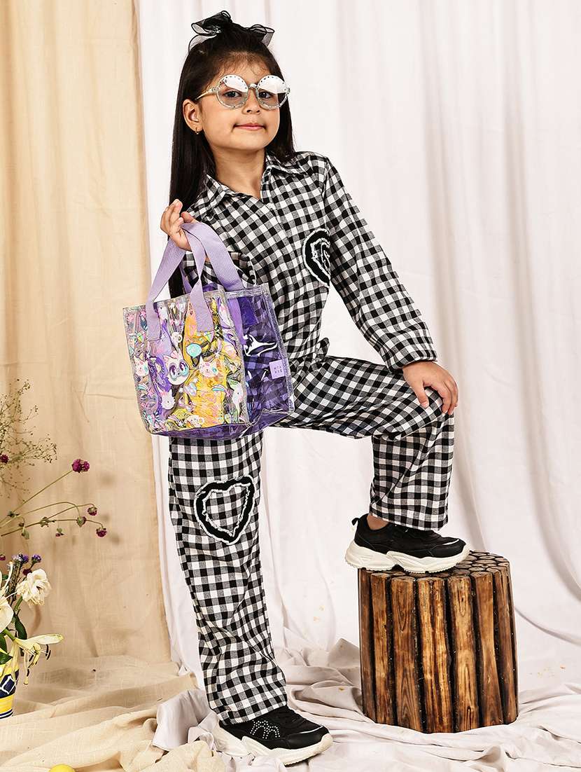 girls checkered long sleeve top & trouser co-ord set