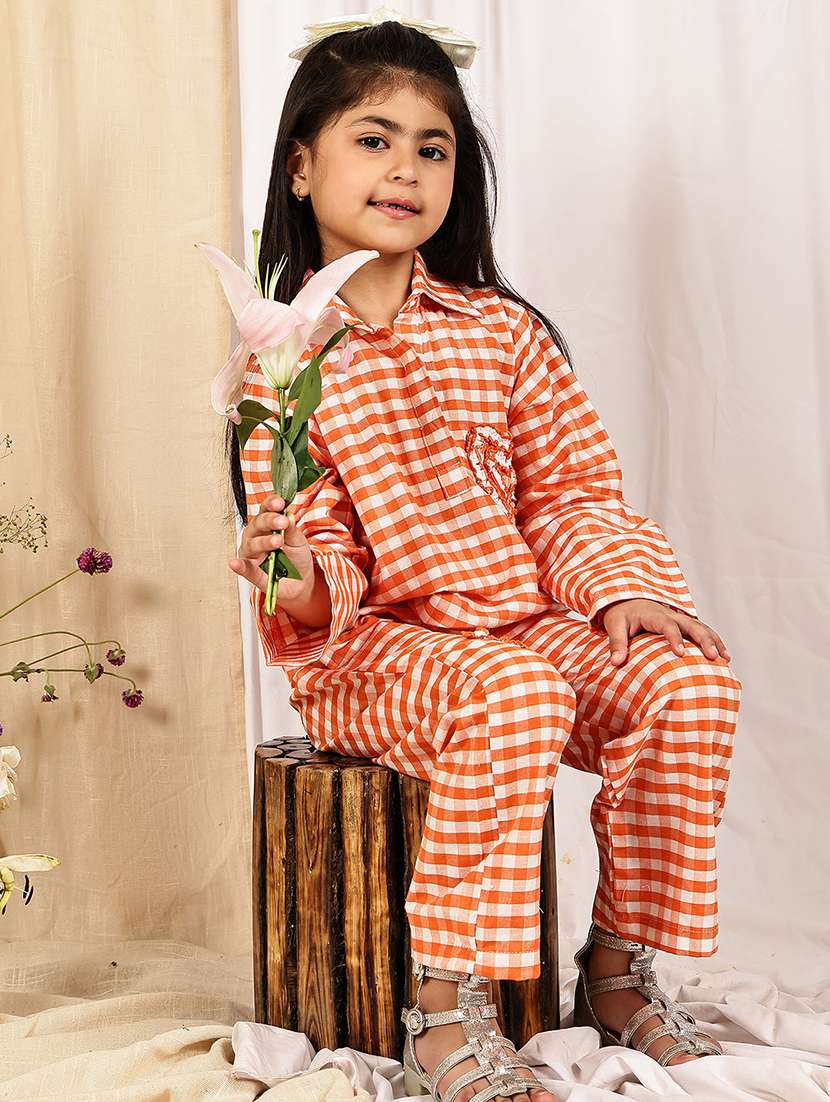 girls checkered long sleeve top & trouser co-ord set