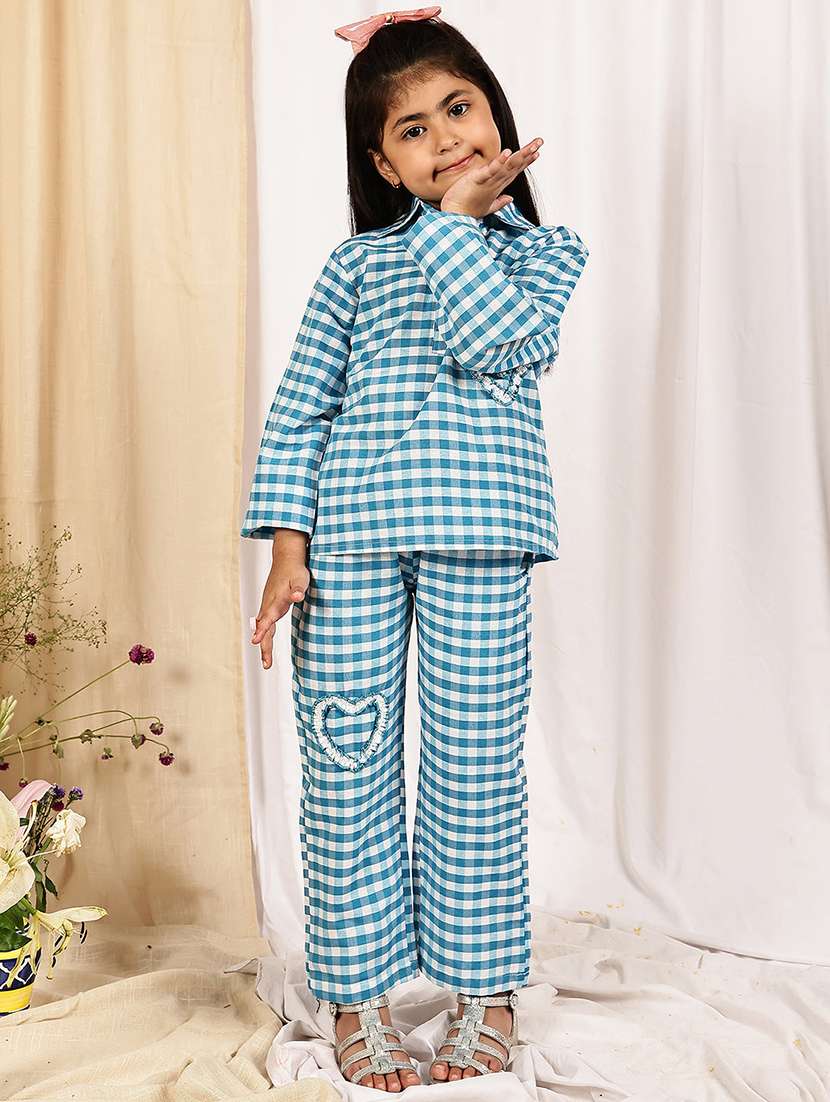 girls checkered long sleeve top & trouser co-ord set