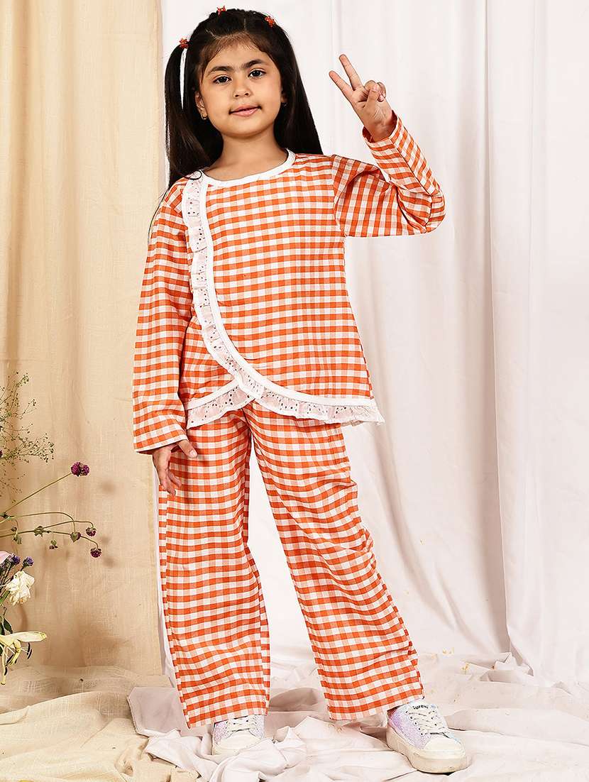 girls checkered long sleeve top & trouser co-ord set
