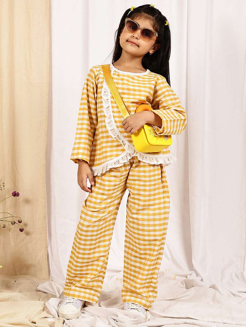 girls checkered long sleeve top & trouser co-ord set