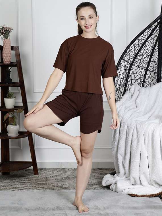 women solid shorts nightwear set