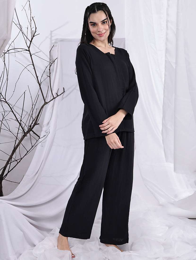 women solid nightwear pyjama set - 22330213 -  Standard Image - 1