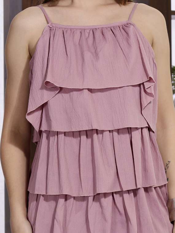women solid shoulder strap ruffle dress - 22330214 -  Standard Image - 4