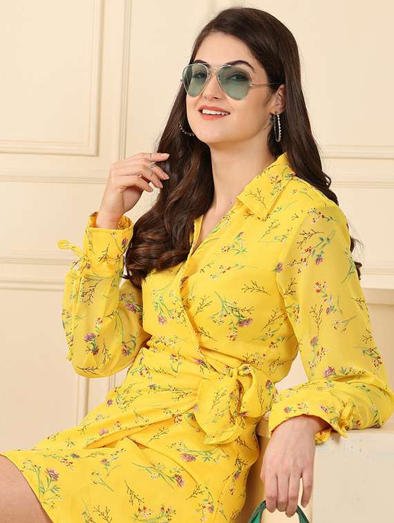 women printed collared long sleeve wrap dress - 22330246 -  Standard Image - 1
