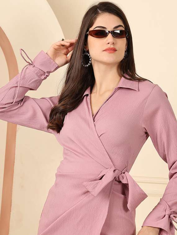 women solid collared long sleeve wrap dress - 22330247 -  Standard Image - 4