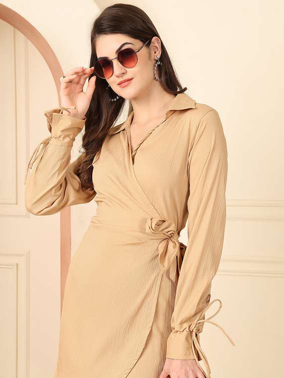 women solid collared long sleeve wrap dress - 22330248 -  Standard Image - 4