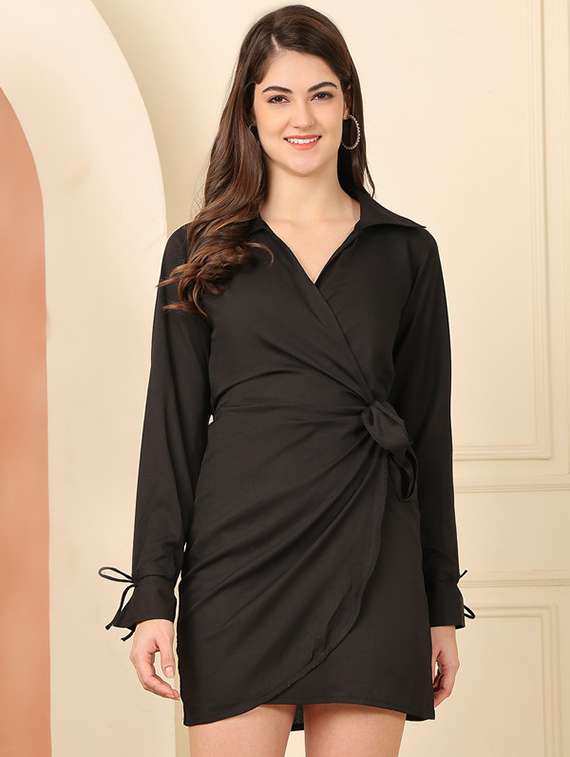 women solid collared long sleeve wrap dress