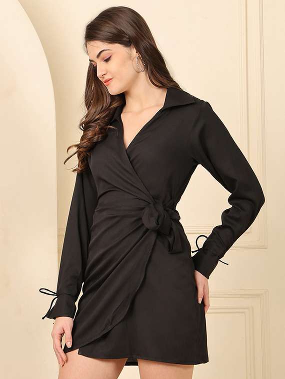 women solid collared long sleeve wrap dress - 22330249 -  Standard Image - 1
