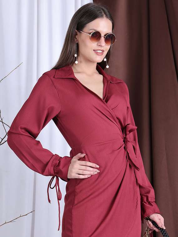 women solid collared long sleeve wrap dress - 22330250 -  Standard Image - 1