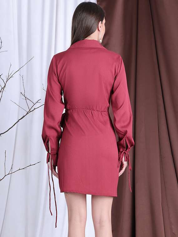 women solid collared long sleeve wrap dress - 22330250 -  Standard Image - 4