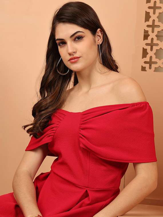 women solid off shoulder a-line dress - 22330252 -  Standard Image - 1