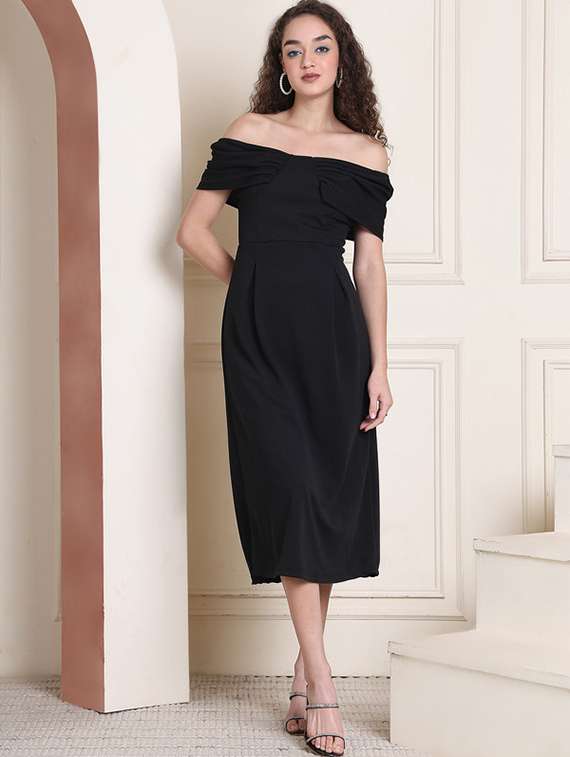 women solid off shoulder a-line dress - 22330253 -  Standard Image - 1