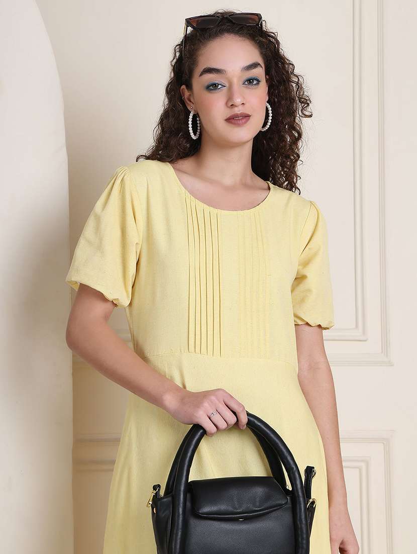 women solid puff sleeve a-line dress - 22330255 -  Standard Image - 1