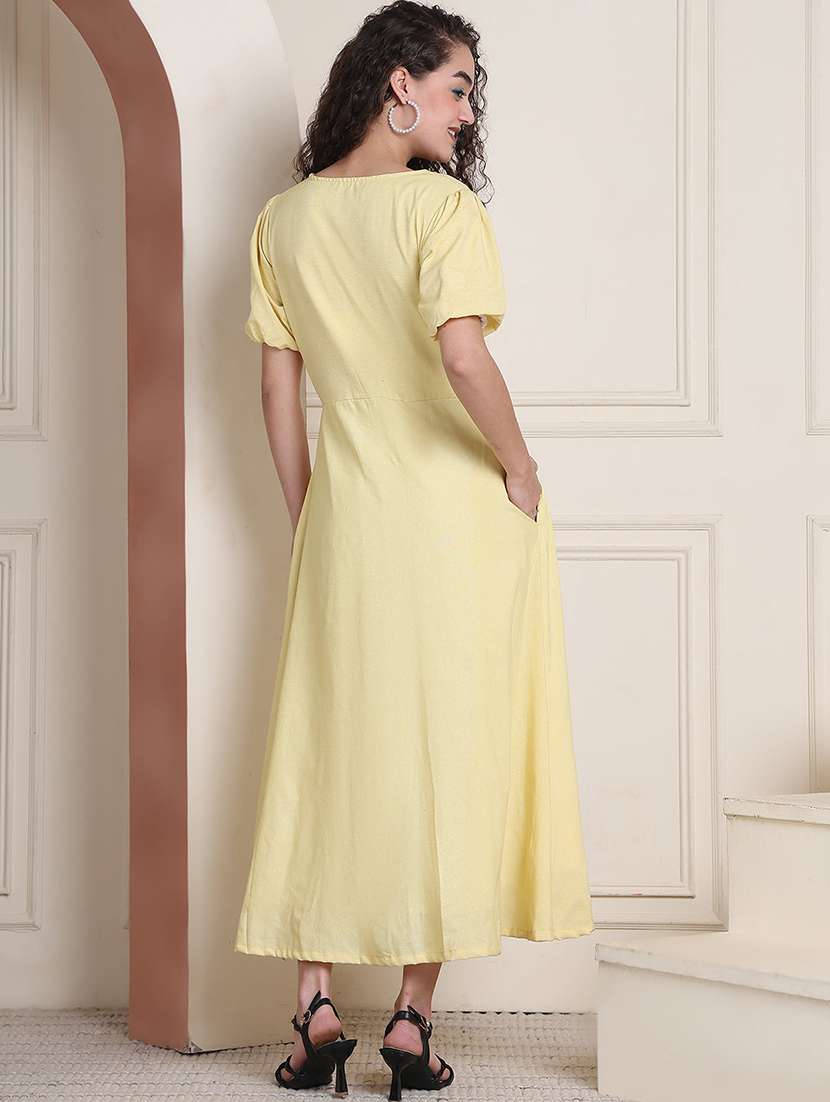 women solid puff sleeve a-line dress - 22330255 -  Standard Image - 4
