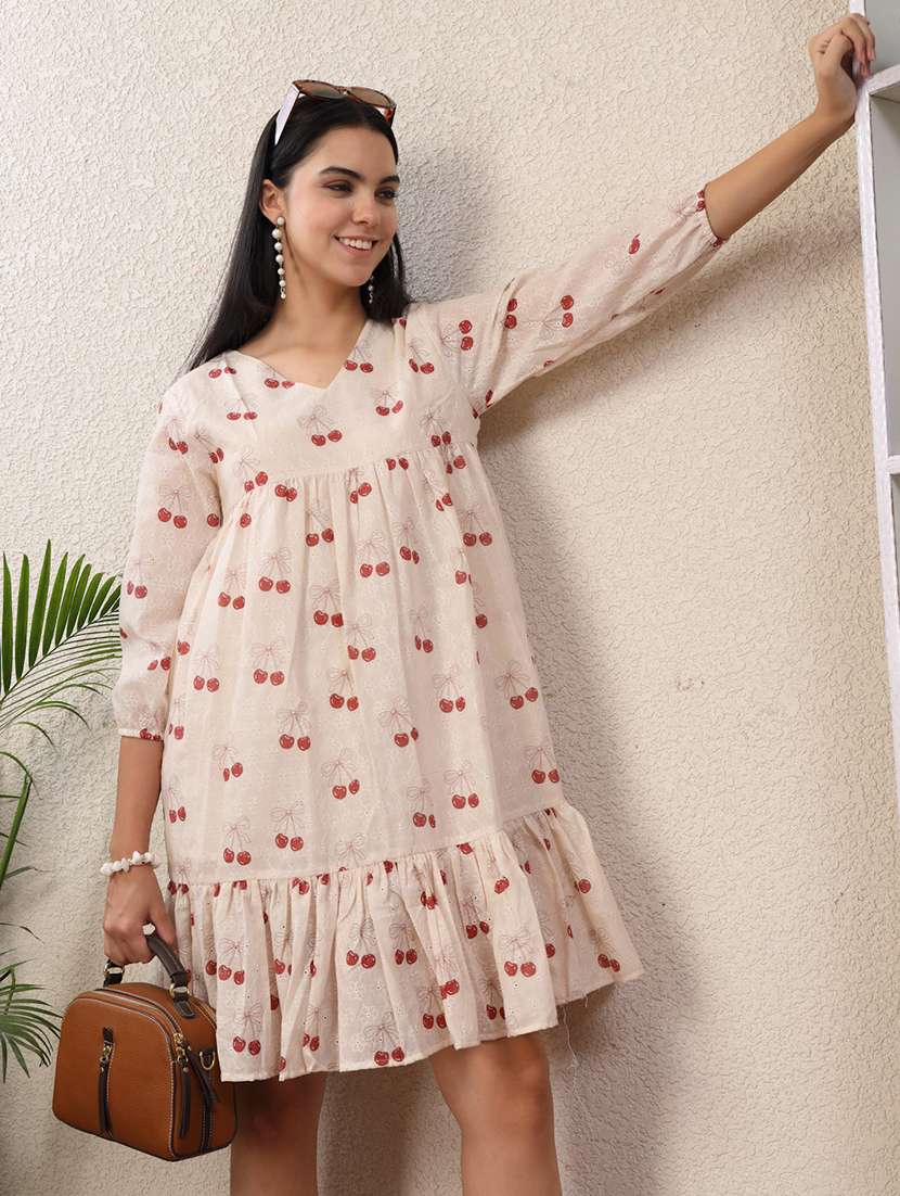 women printed three quarter sleeve tiered dress - 22330274 -  Standard Image - 1