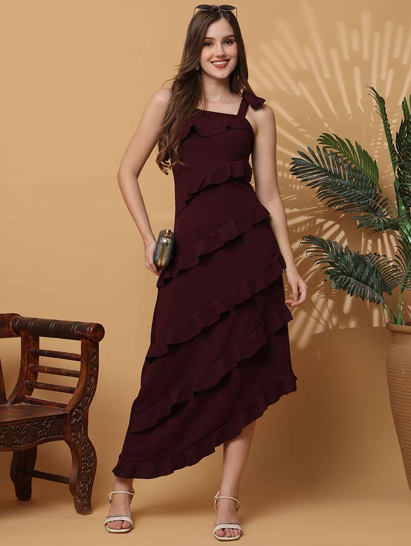 women solid shoulder strap ruffle dress