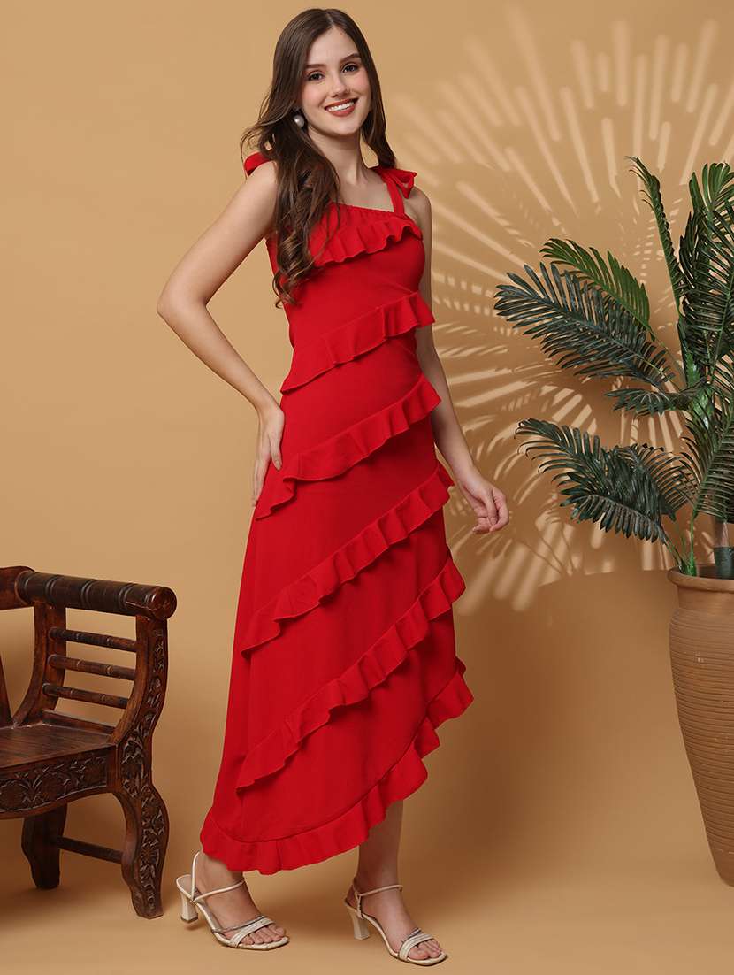 women solid shoulder strap ruffle dress - 22330276 -  Standard Image - 1