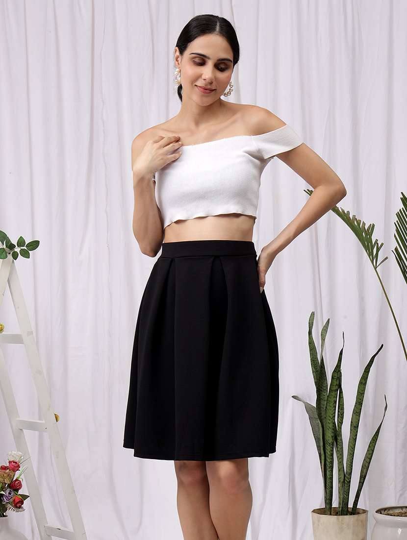 women solid high rise flared skirt