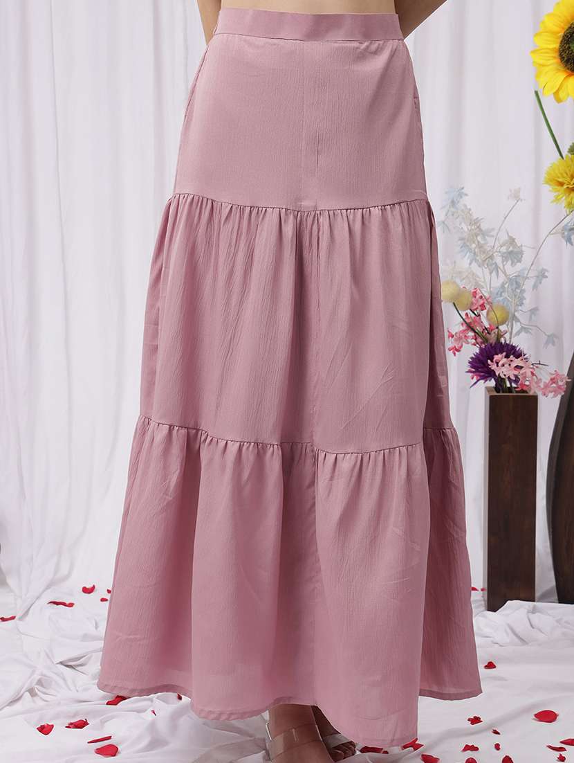 women solid high rise tiered skirt