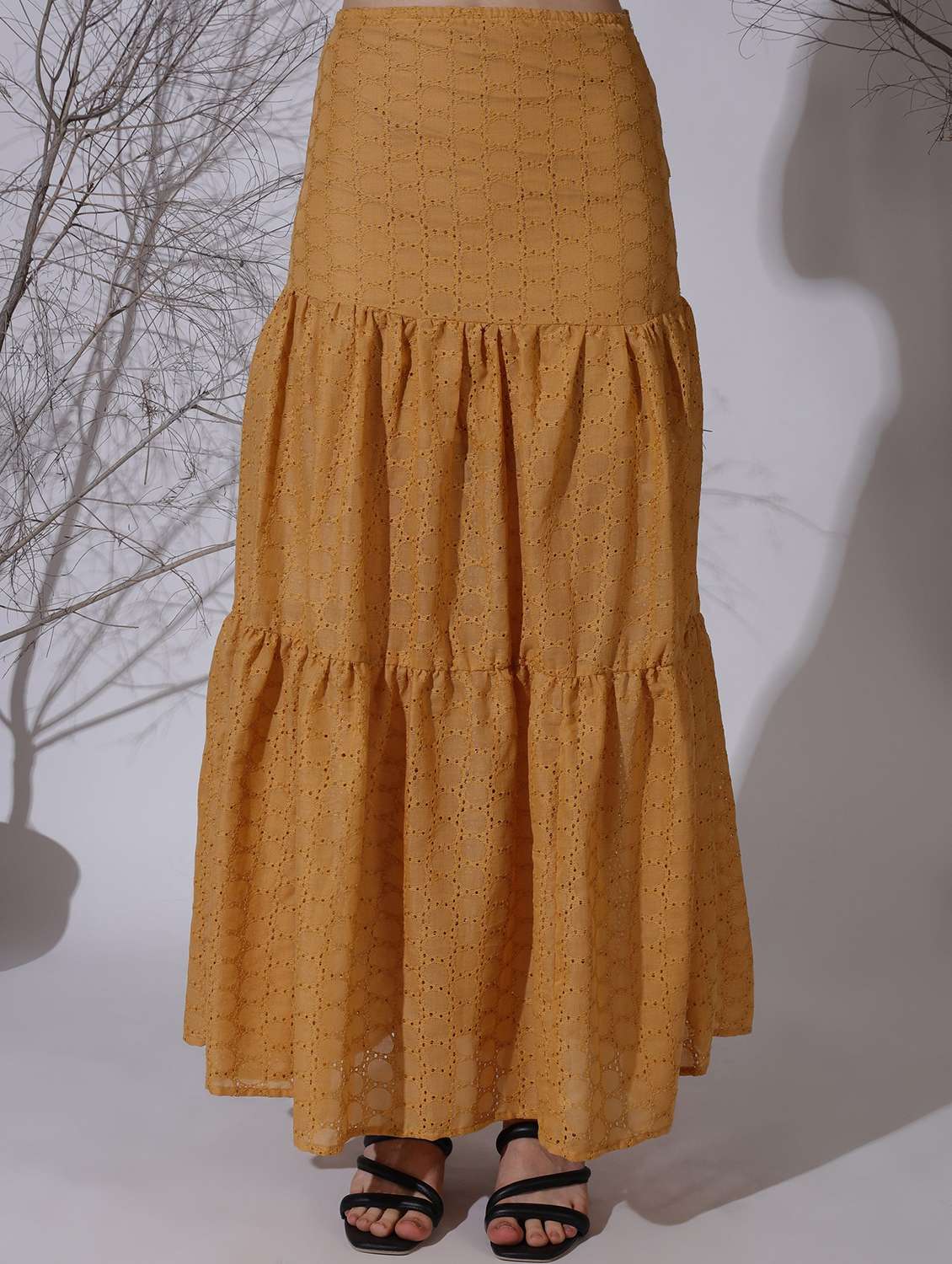 women solid high rise tiered skirt