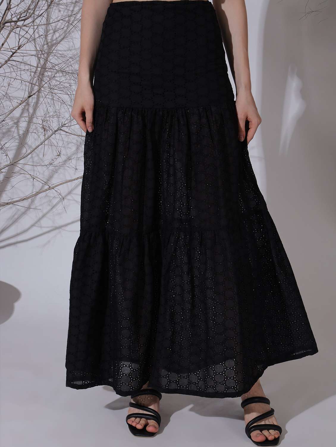 women solid high rise tiered skirt