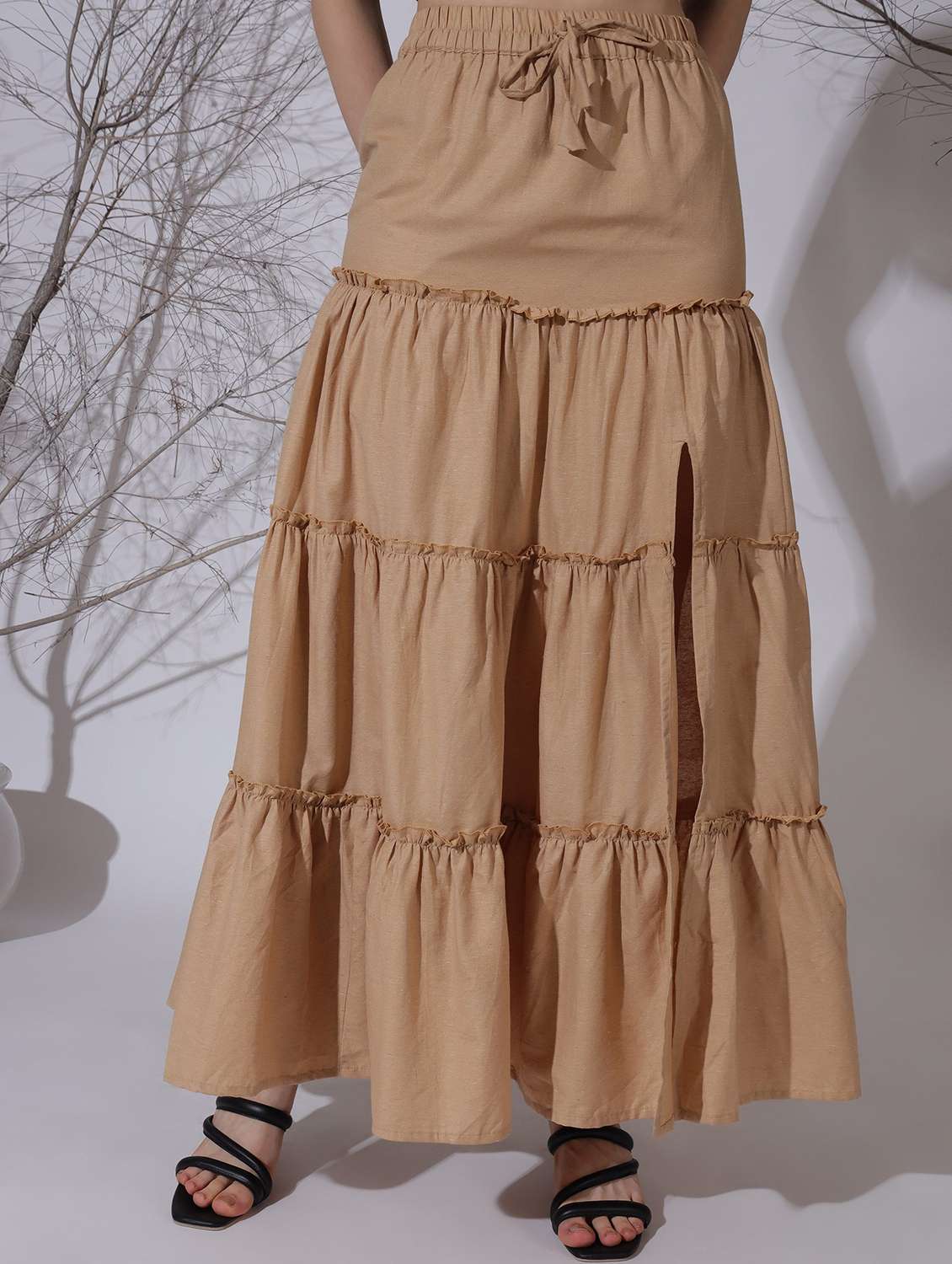 women solid high rise tiered skirt