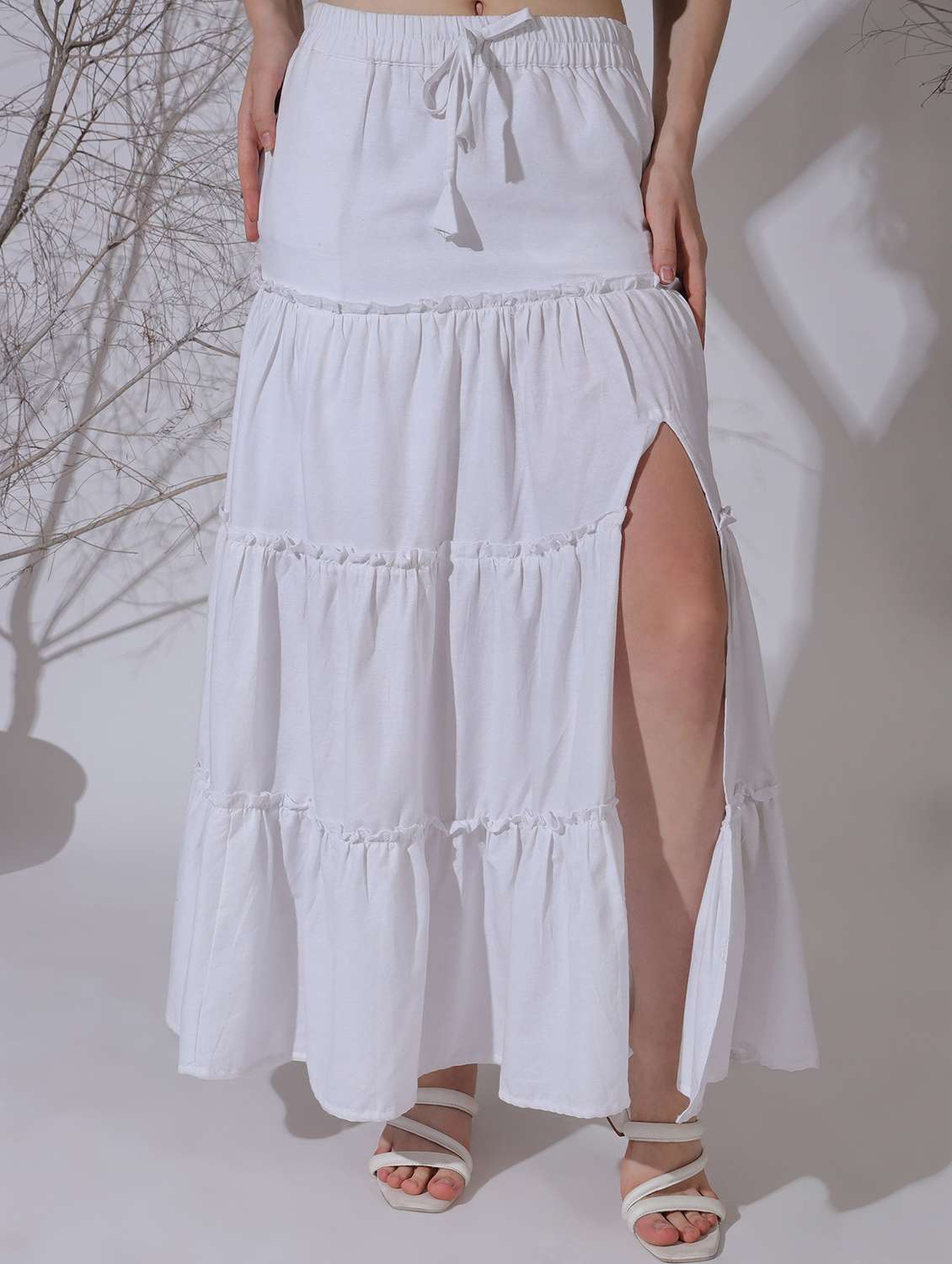 women solid high rise tiered skirt