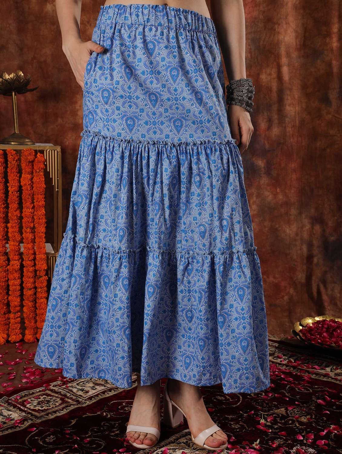 women printed high rise tiered skirt