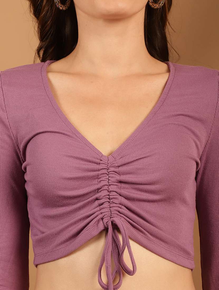 women solid long sleeve ruched crop top - 22330358 -  Standard Image - 4