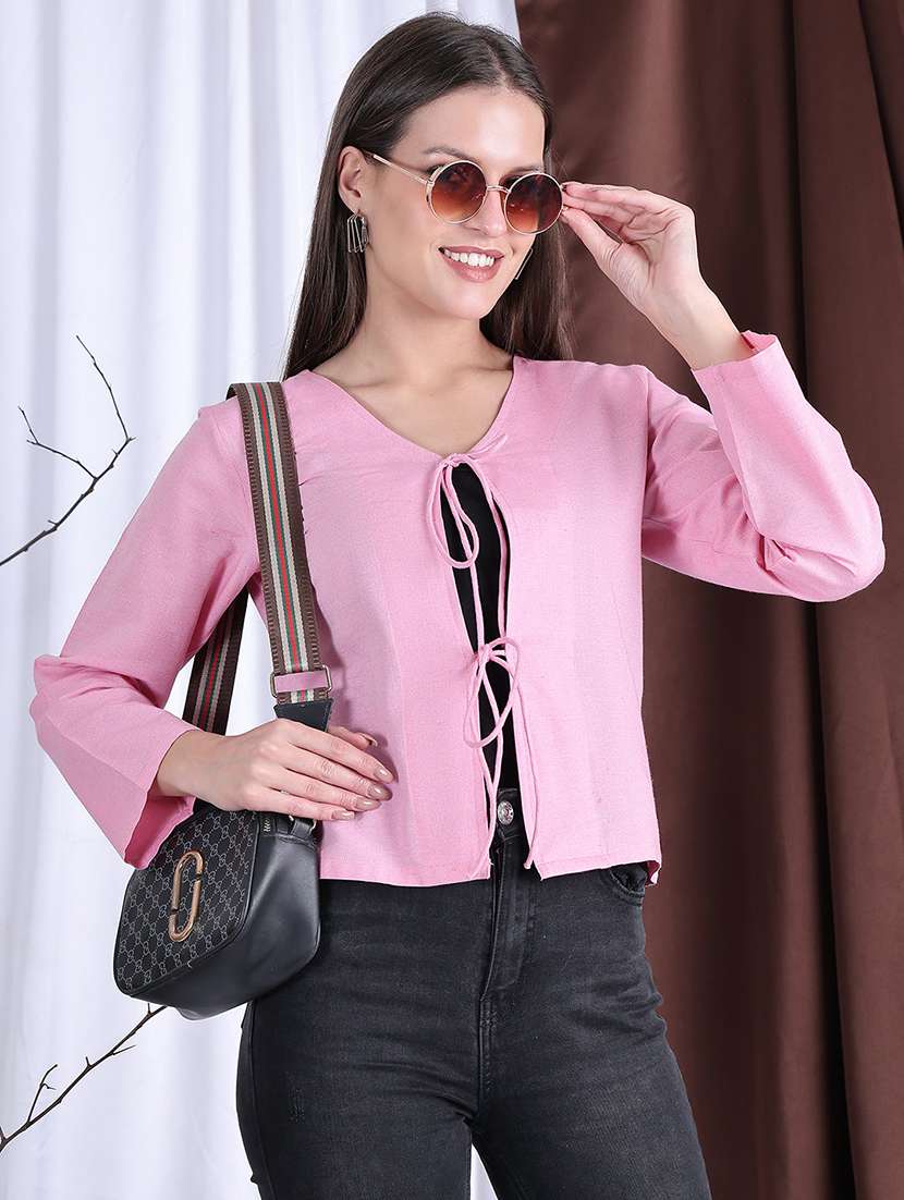 women solid long sleeve front tie top - 22330395 -  Standard Image - 1