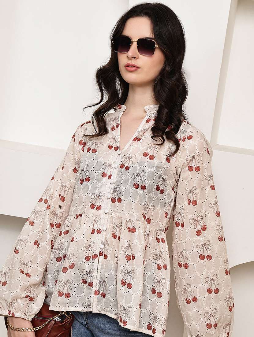 women printed puff sleeve peplum top - 22330398 -  Standard Image - 1