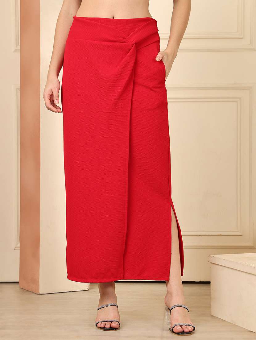 women solid mid rise wrap skirt