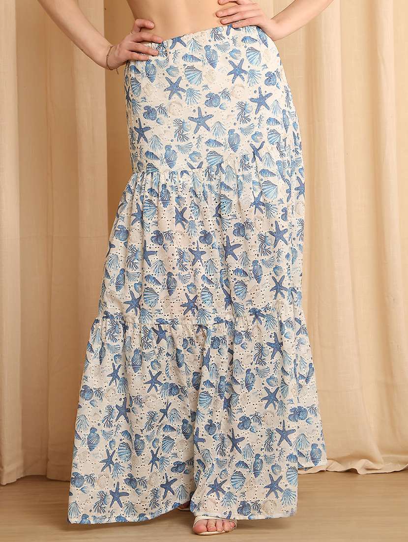 women printed high rise tiered skirt