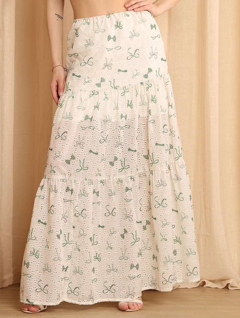 women printed high rise tiered skirt