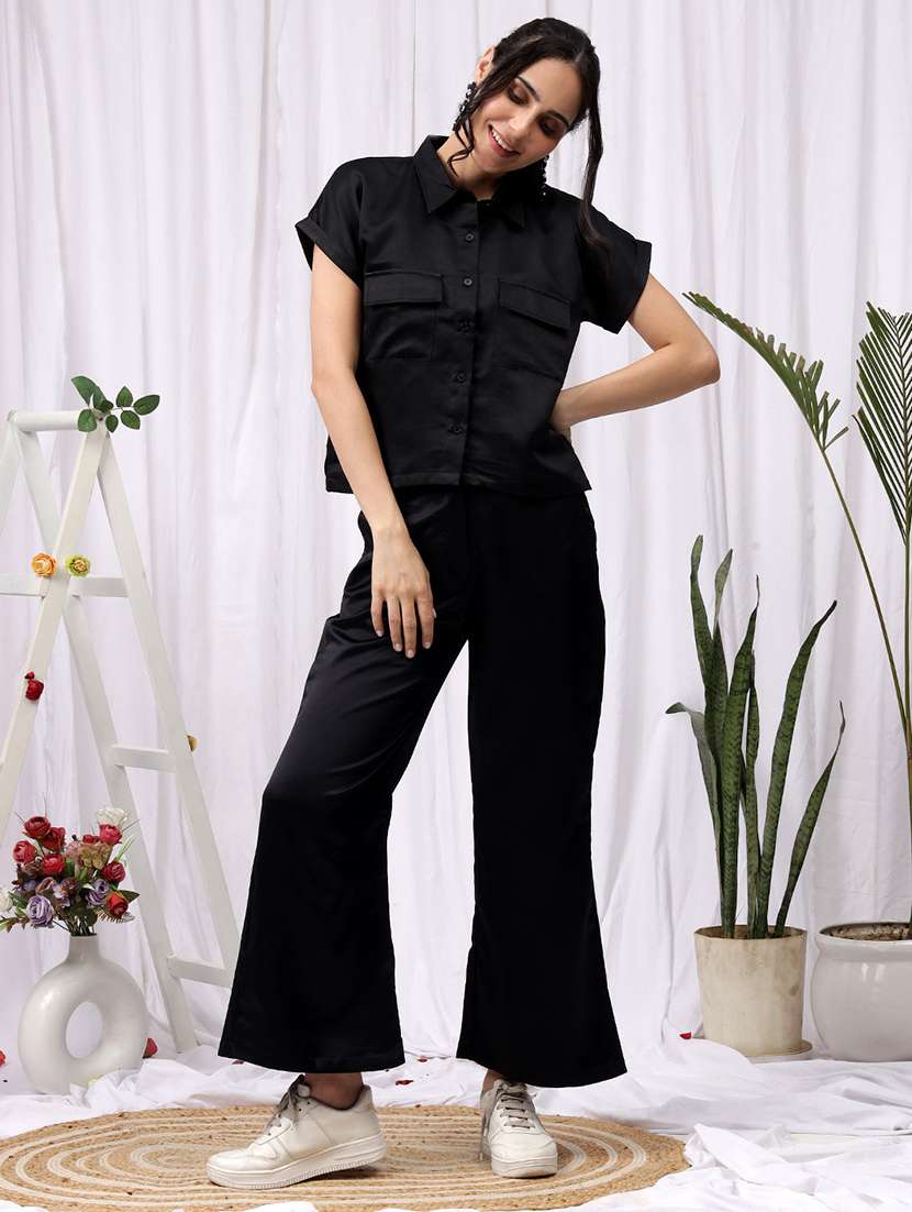women solid shirt and trouser co-ord set