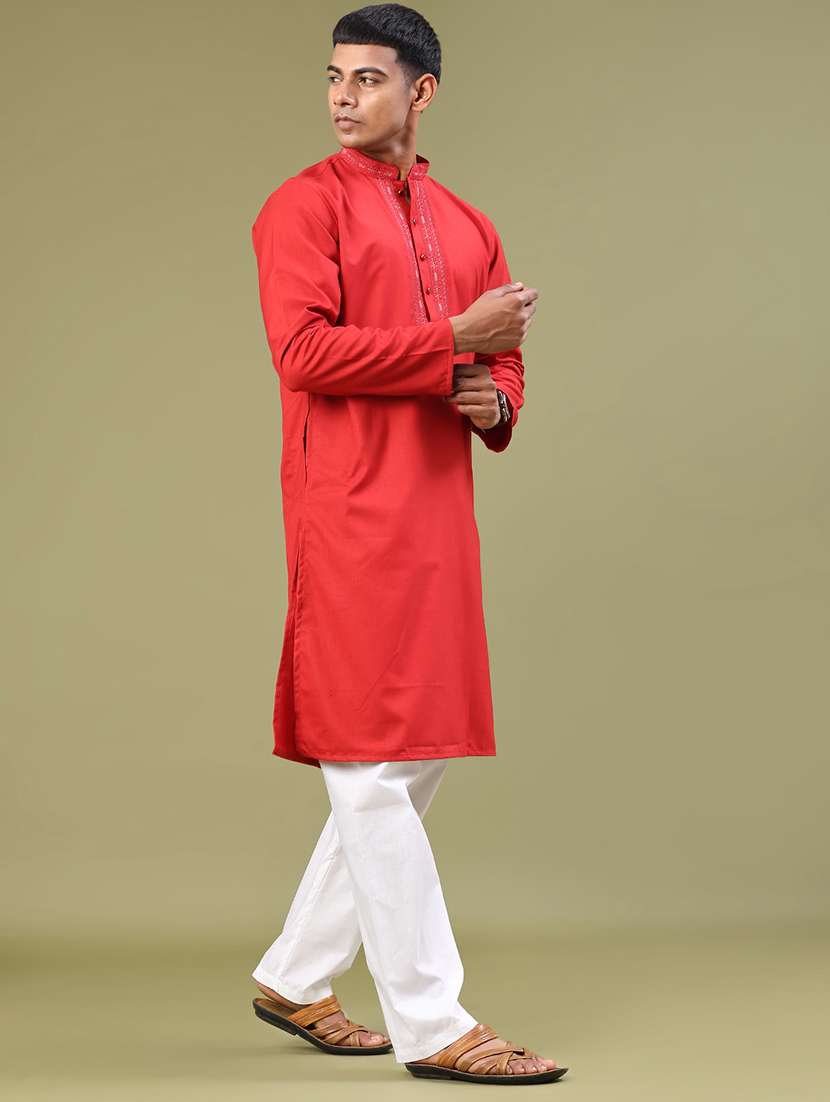 men solid mandarin neck kurta pyjama ethnic wear set