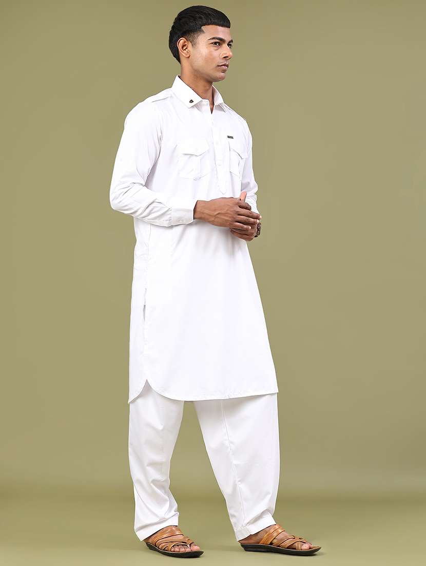 men solid long sleeve pathani ethnic wear set