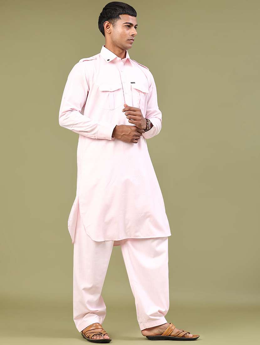 men solid long sleeve pathani ethnic wear set