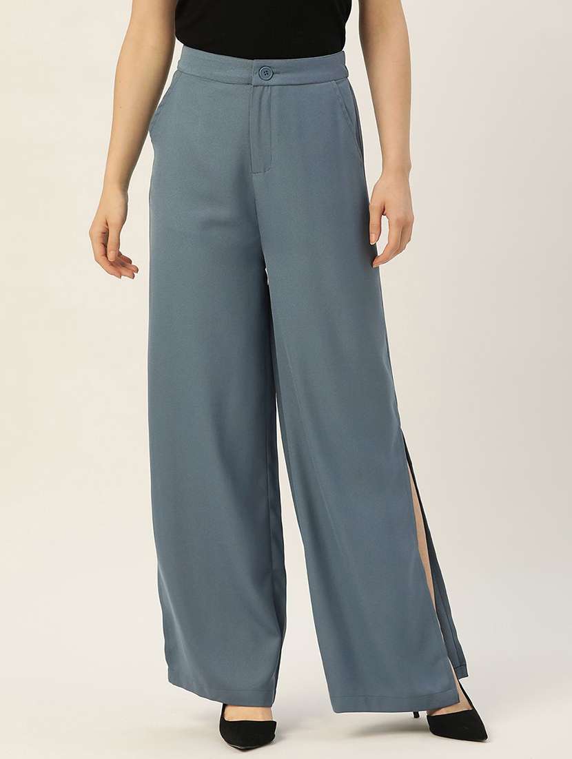 women solid high rise wide leg trouser
