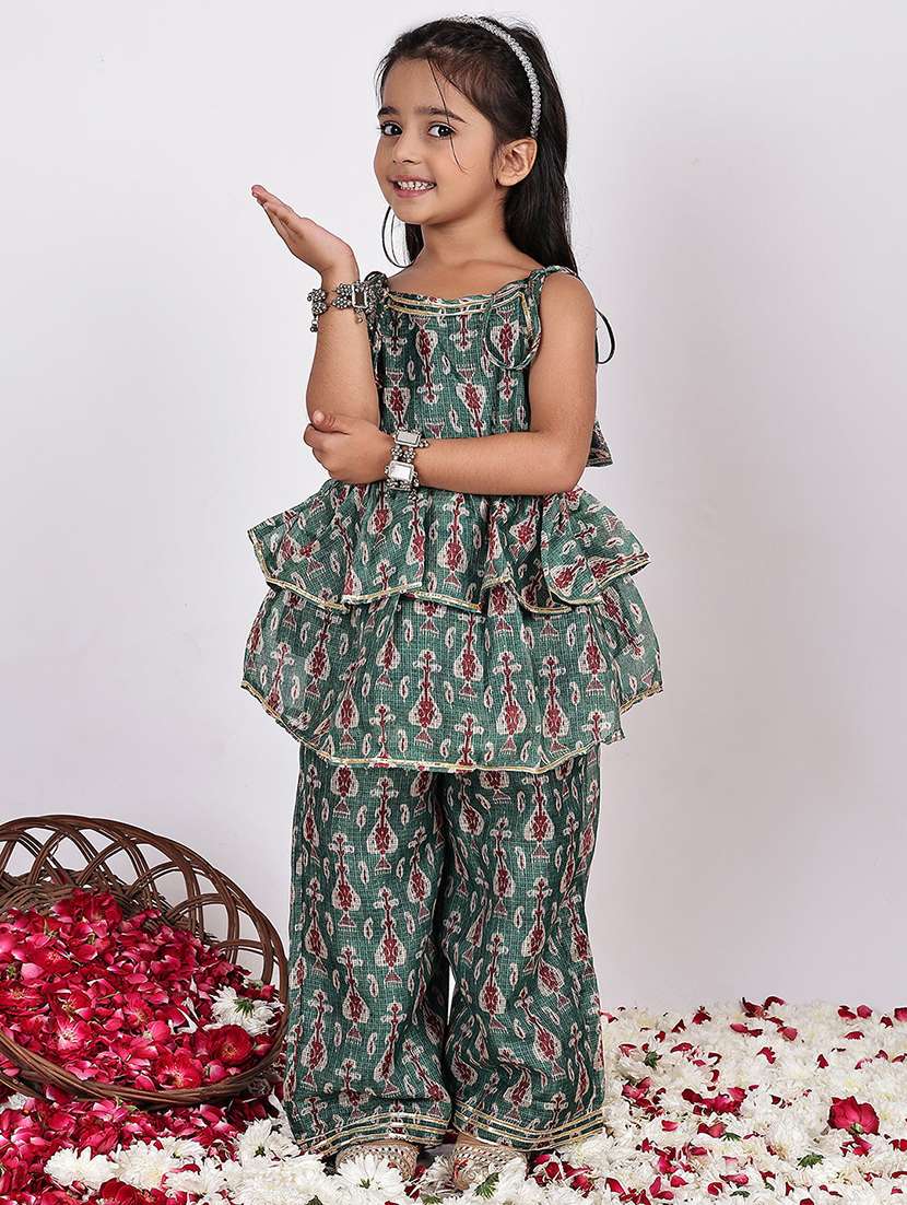 girls printed sleeveless kurta and palazzo set 