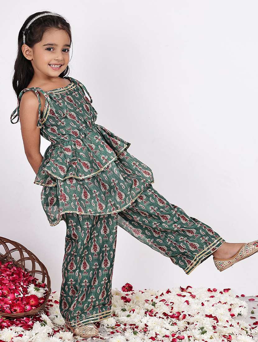 girls printed sleeveless kurta and palazzo set  - 22331432 -  Standard Image - 1