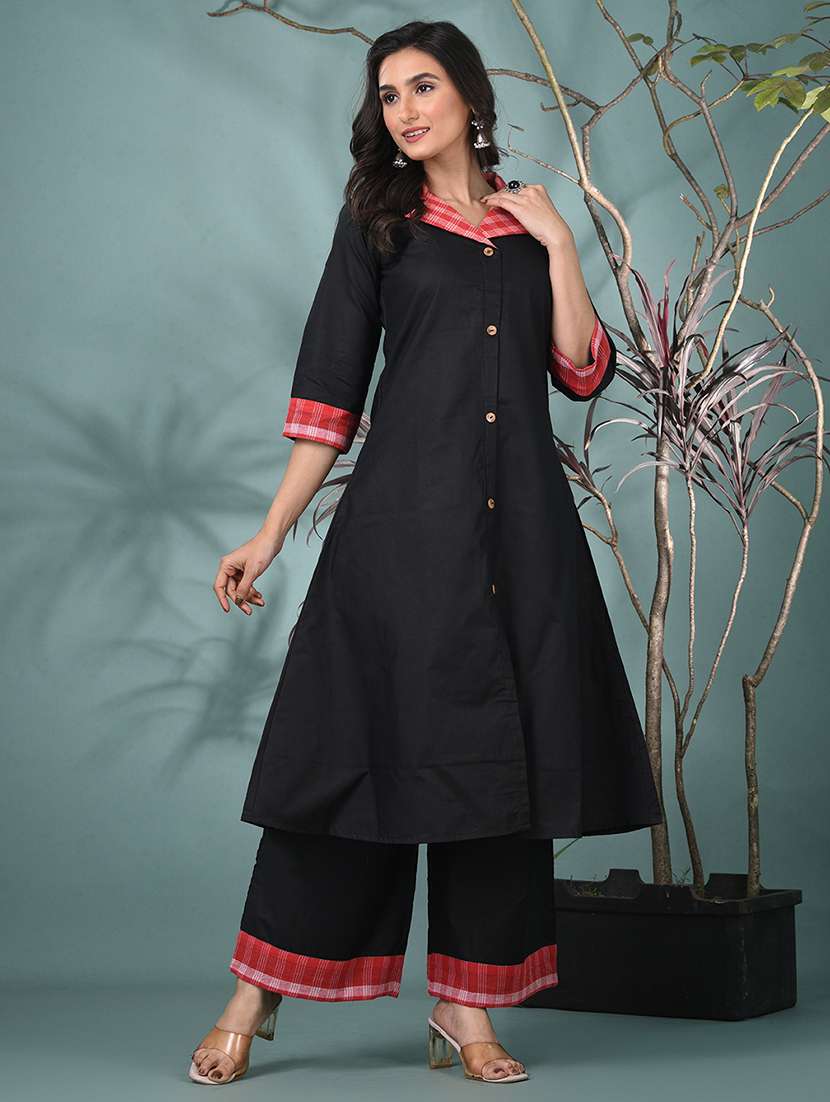 women solid three quarter sleeve kurta palazzo set - 22331450 -  Standard Image - 1