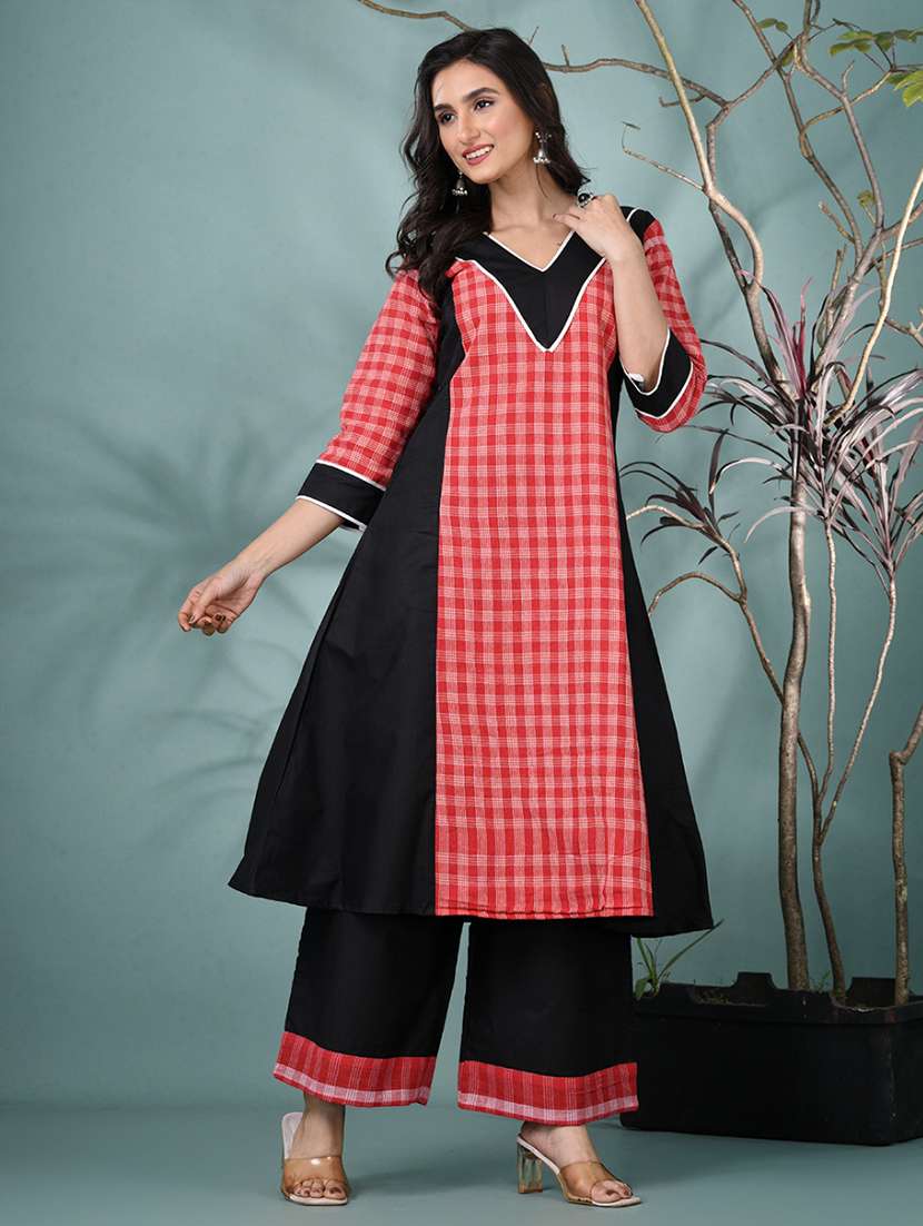 women checkered three quarter sleeve a-line kurta - 22331451 -  Standard Image - 1