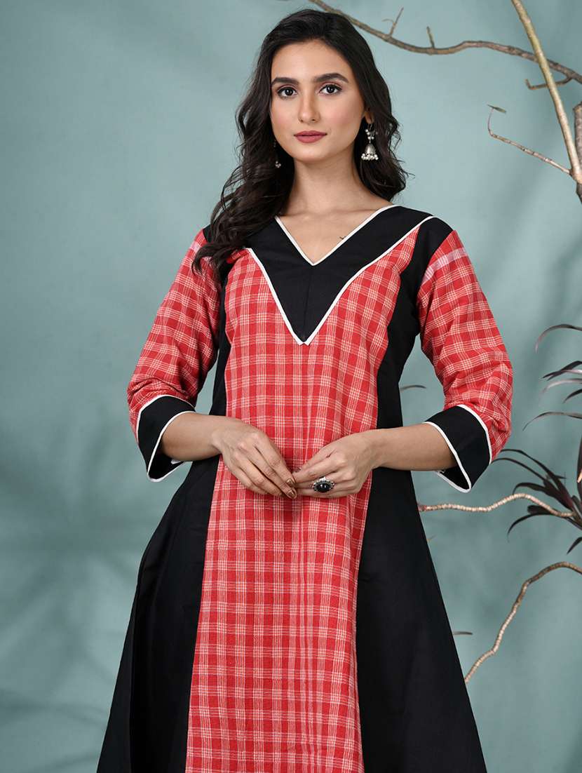 women checkered three quarter sleeve a-line kurta - 22331451 -  Standard Image - 4