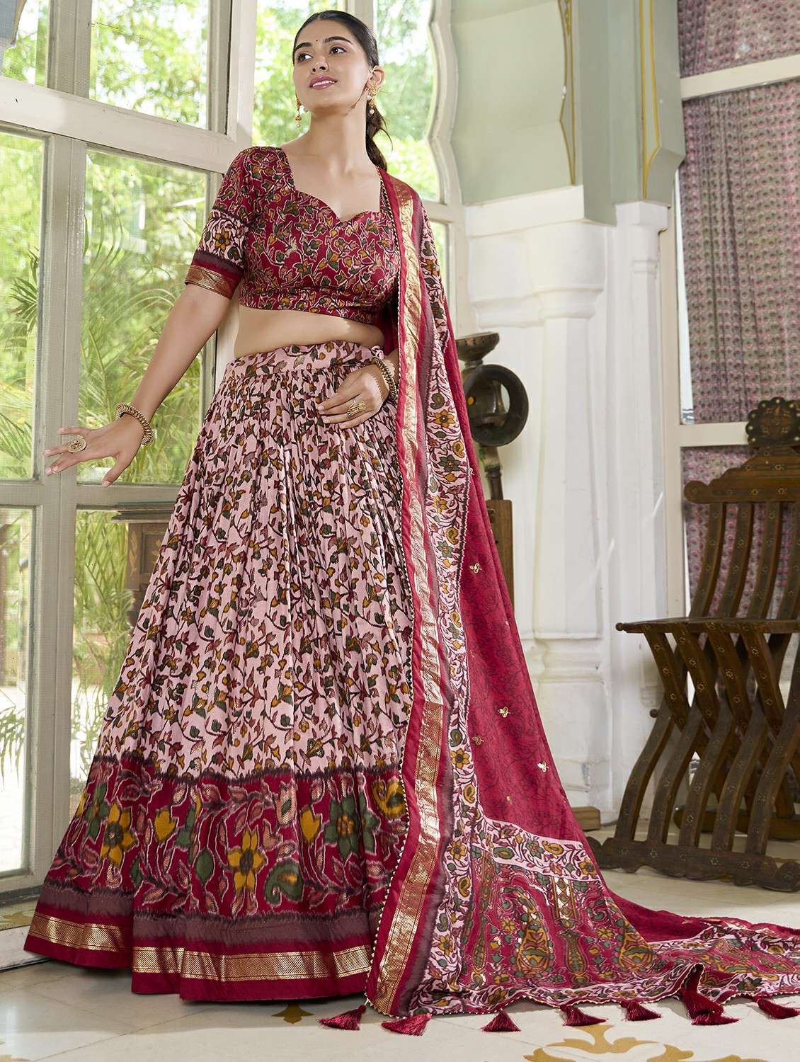 women printed semi-stitched flared lehenga