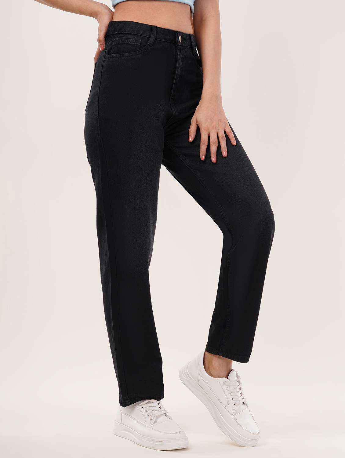 women solid high rise straight jean