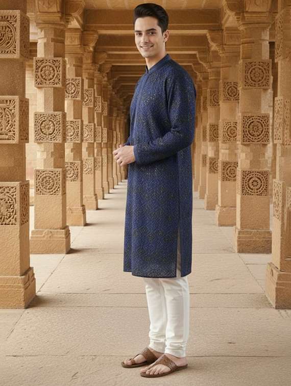 men solid with work mandarin neck ethnic wear set - 22332002 -  Standard Image - 1