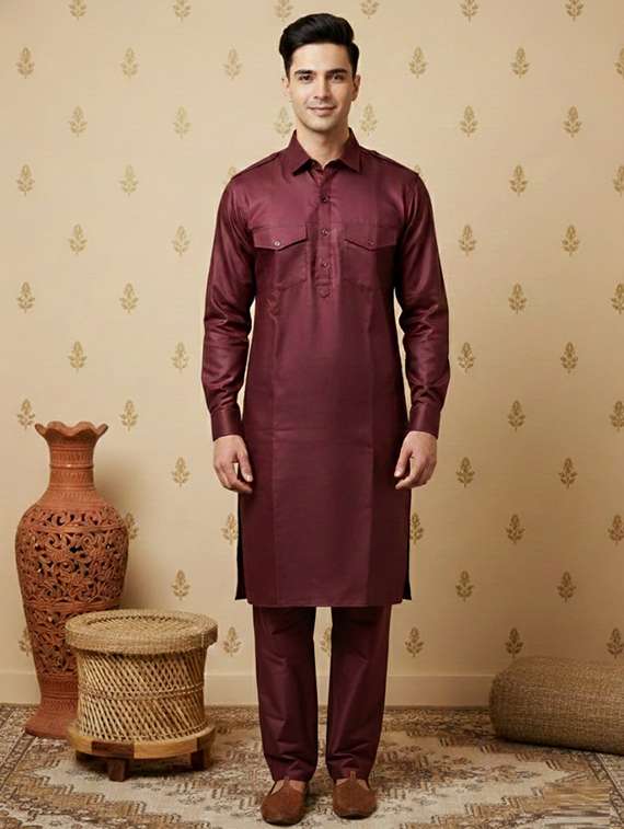 men solid long sleeve pathani ethnic wear set