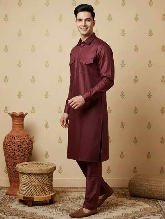 men solid long sleeve pathani ethnic wear set - 22332024 -  Standard Image - 1
